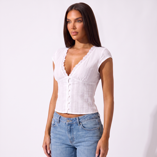 Women's V-Neck Embroidered Blouse in white, hero front view showing scalloped lace V-neck and six-button placket