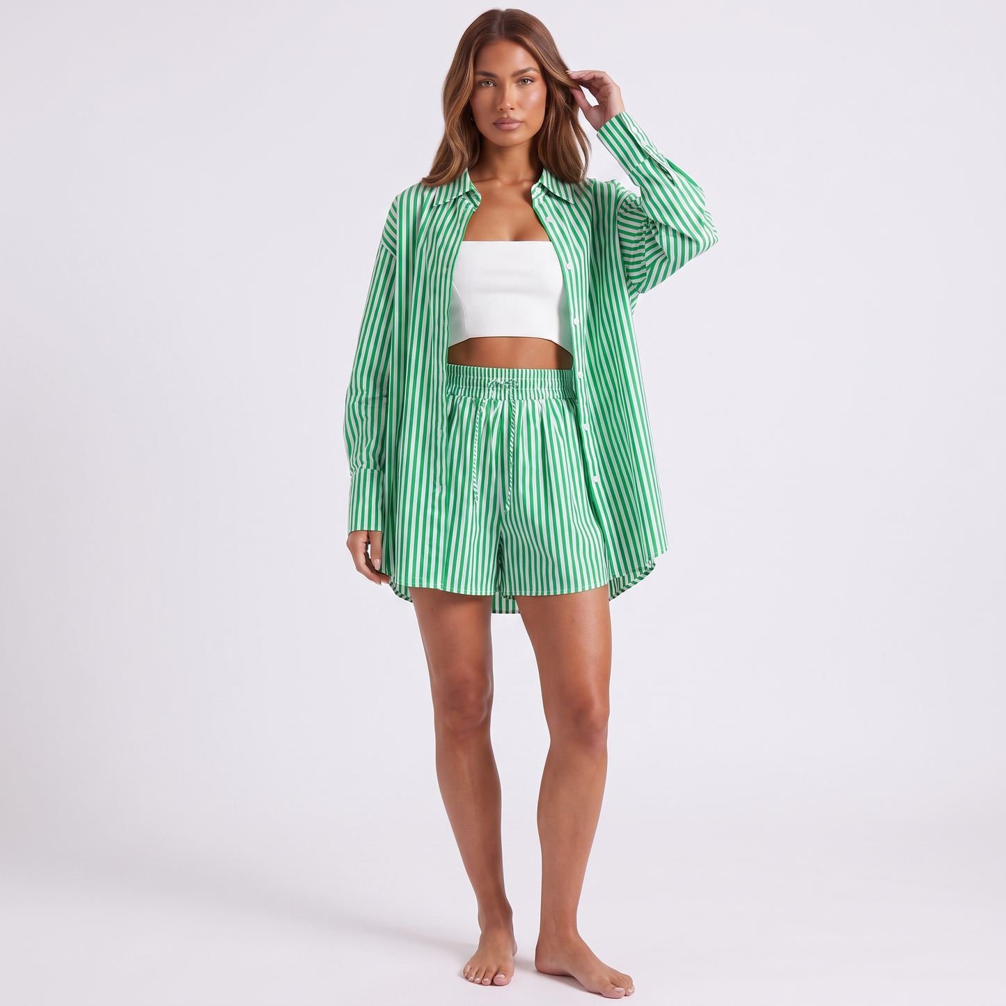 Maeve & Co striped shirt and shorts set — green, full-length front