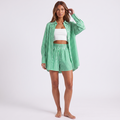 Maeve & Co striped shirt and shorts set — green, full-length front