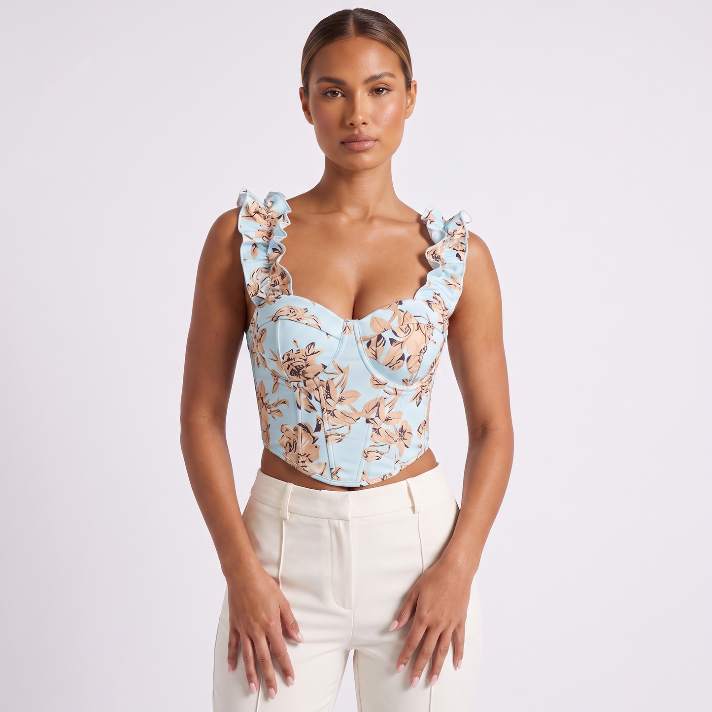 Maeve Women's Floral Corset Top, V-Neck Padded Lace-Up Back Vest Top