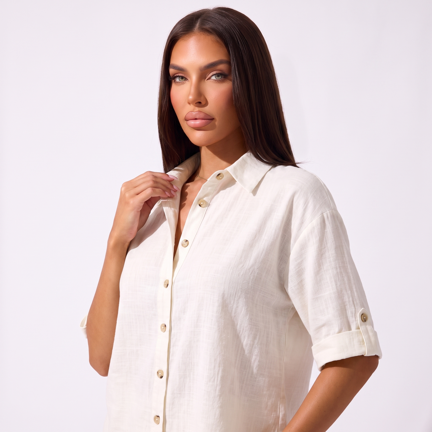 Maeve & Co cotton-linen set — off-white, shirt and collar detail