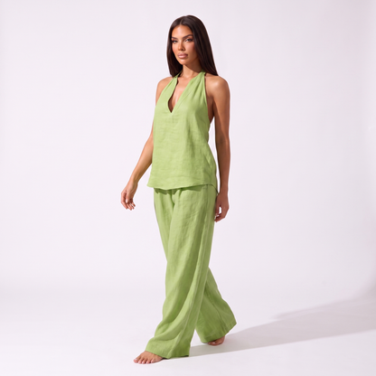 Womens Sleeveless Linen Two-Piece Set - Matcha Green - full look