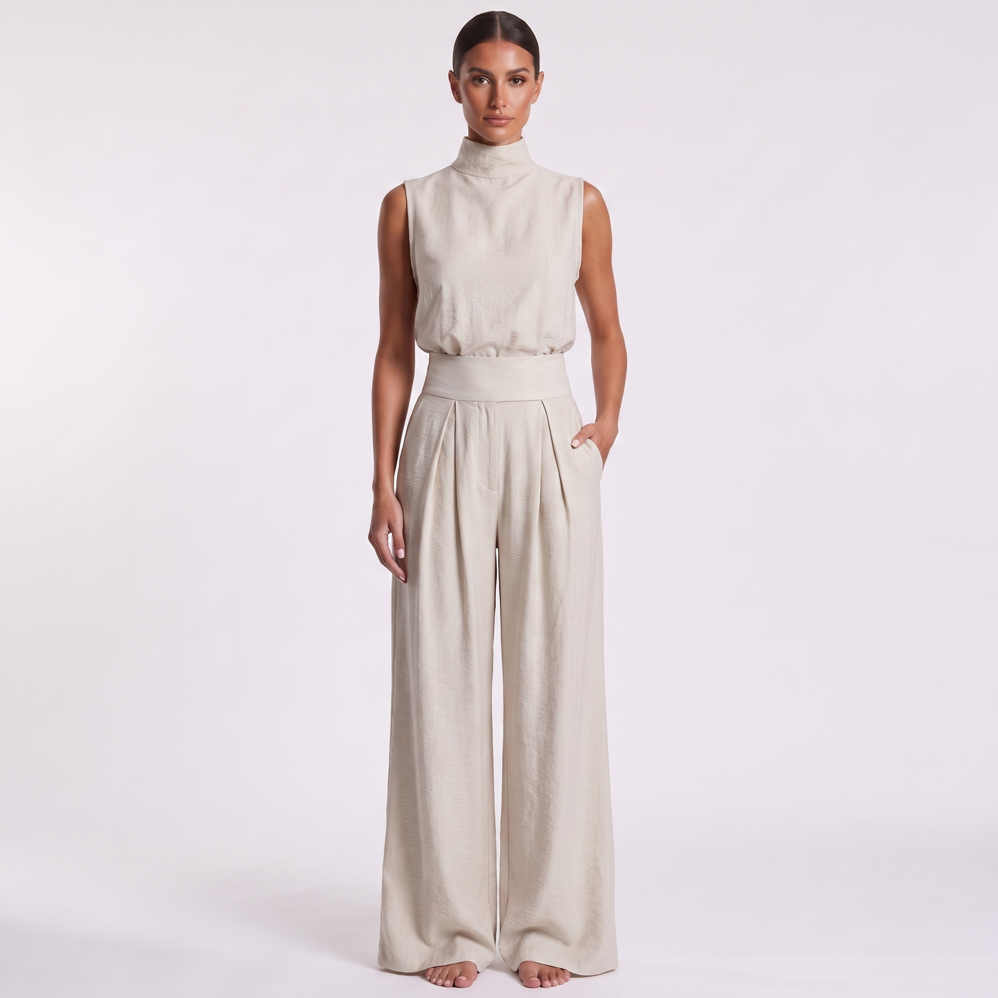 Sleeveless Cotton Linen Set — Beige full look