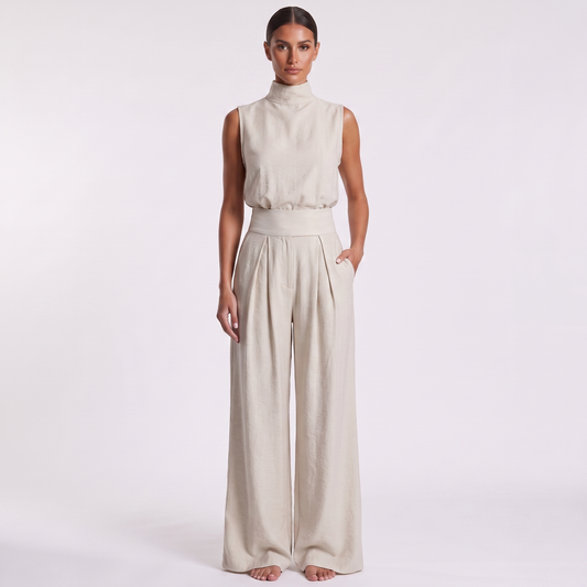 Sleeveless Cotton Linen Set — Beige full look