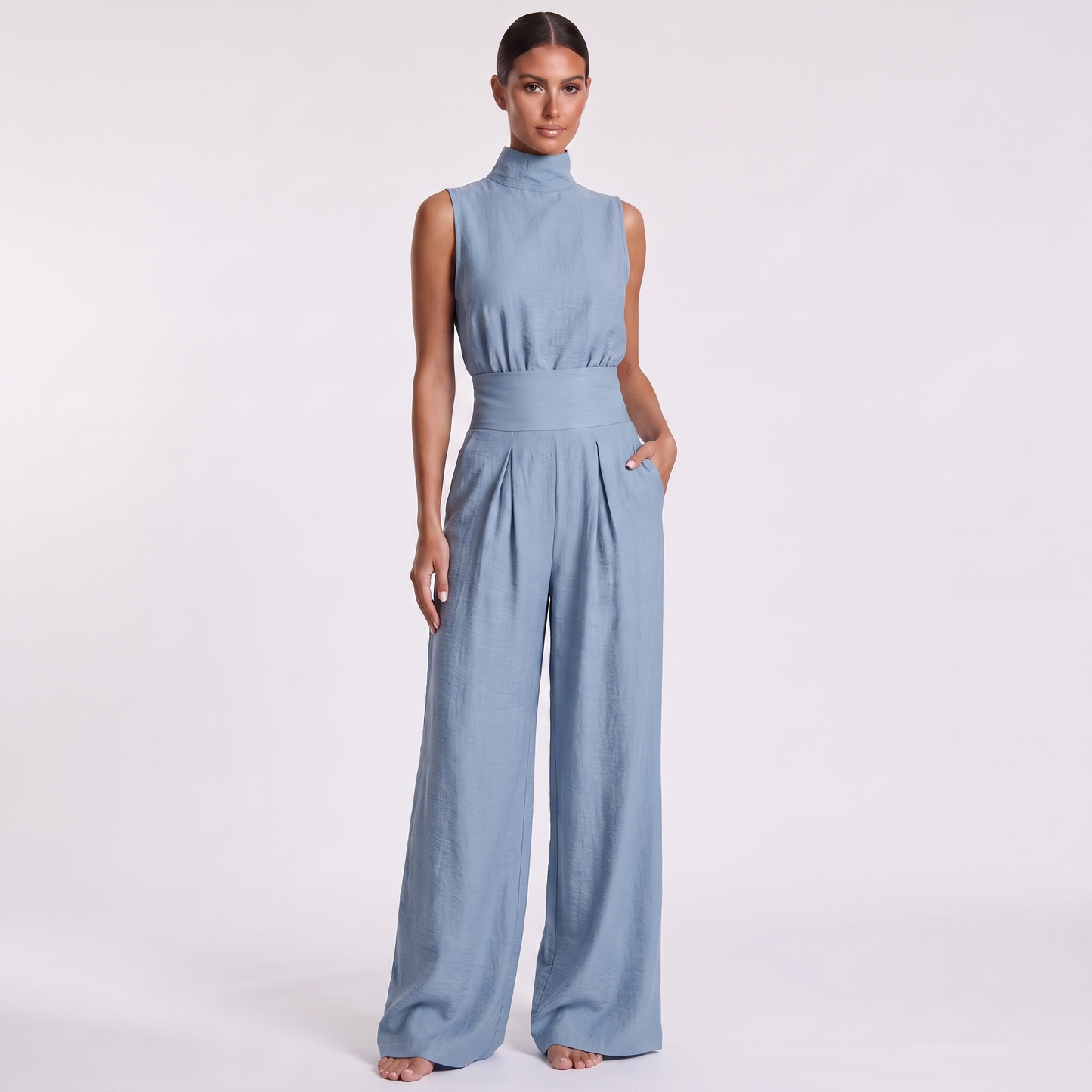 Sleeveless Cotton Linen Set — Sky Blue