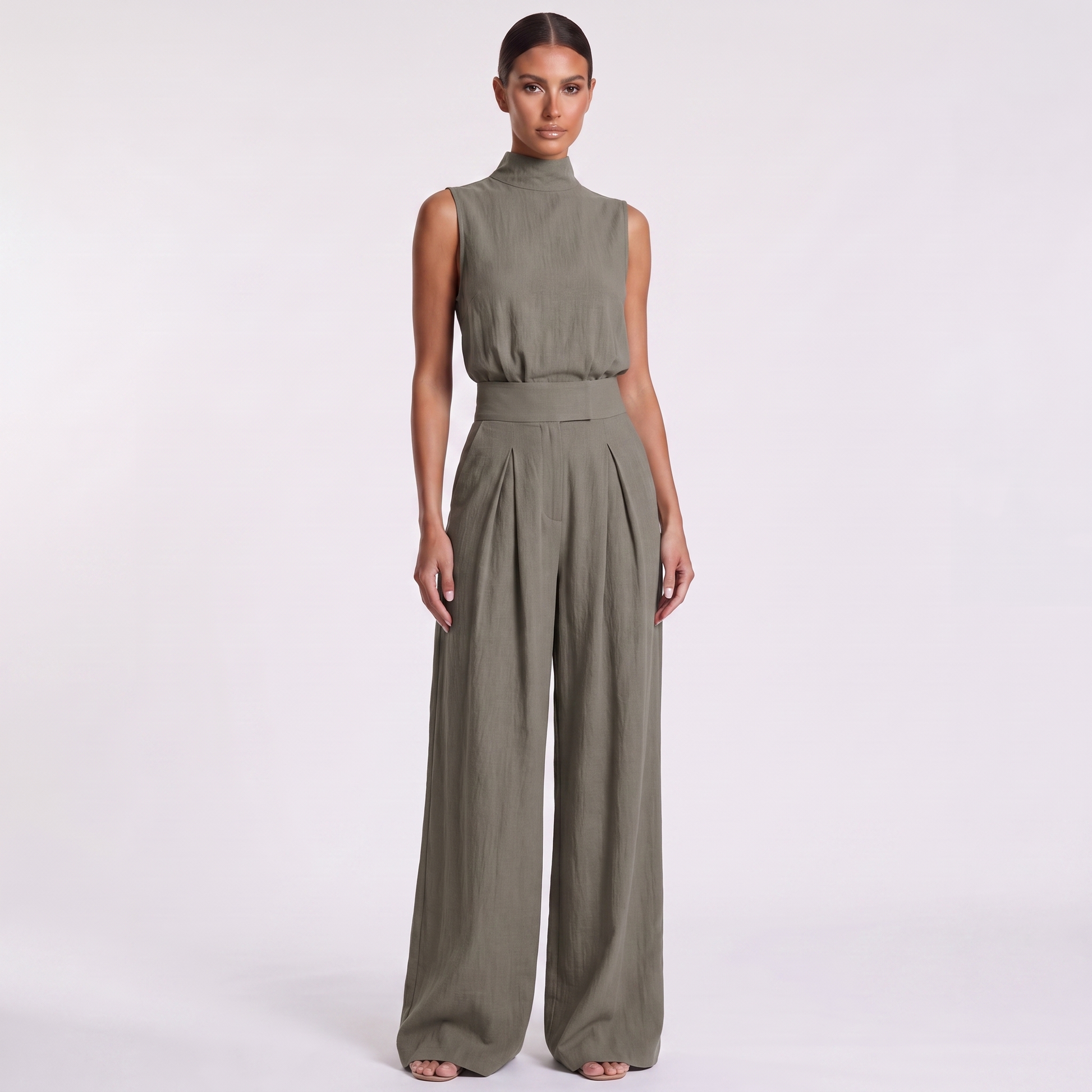 Sleeveless Cotton Linen Set — Olive Green