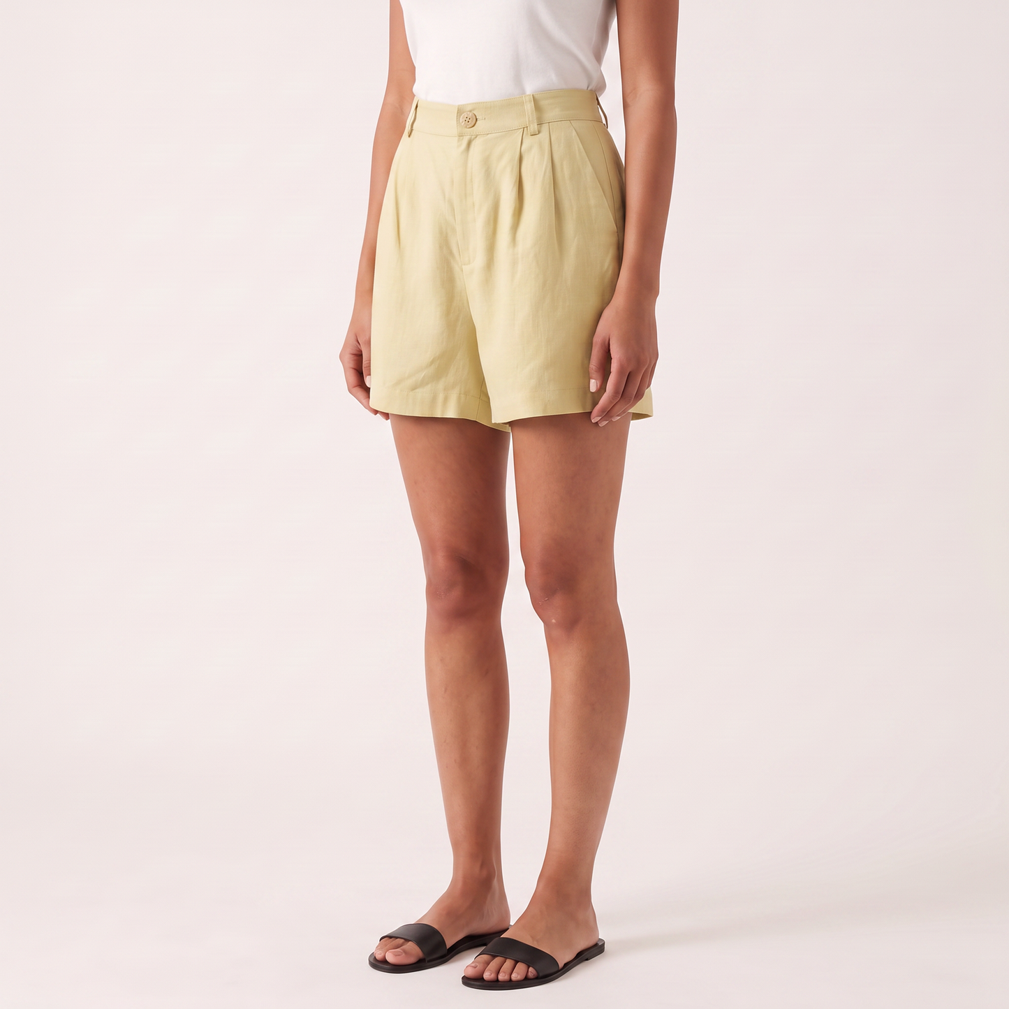 Maeve pale yellow linen shorts - three quarter