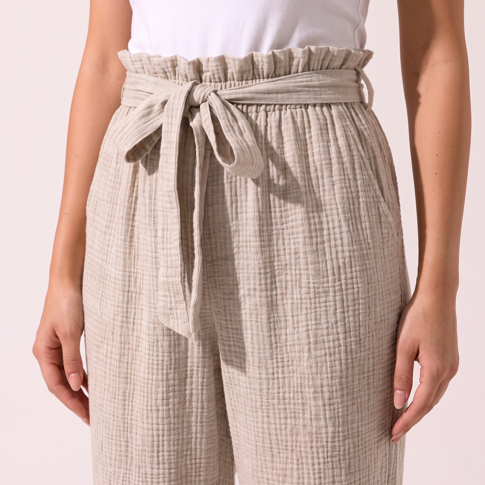 Maeve oatmeal paperbag trousers - waist and tie bow detail