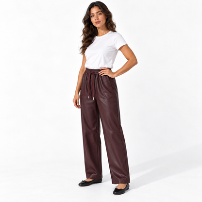 Women's Matte PU Leather High Waisted Tapered Pants — angola red three quarter