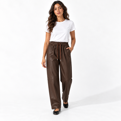 Women's Matte PU Leather High Waisted Tapered Pants — coffee front