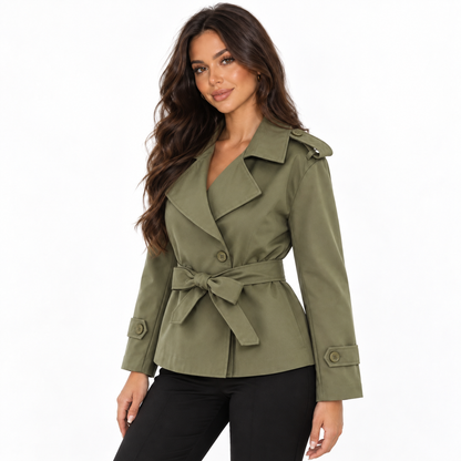 Womens Double Breasted Trench Coat — army green front