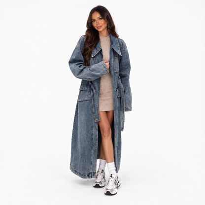 Women Long Denim Trench Coat — denim blue front
