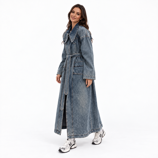 Women Long Denim Trench Coat — denim blue three quarter