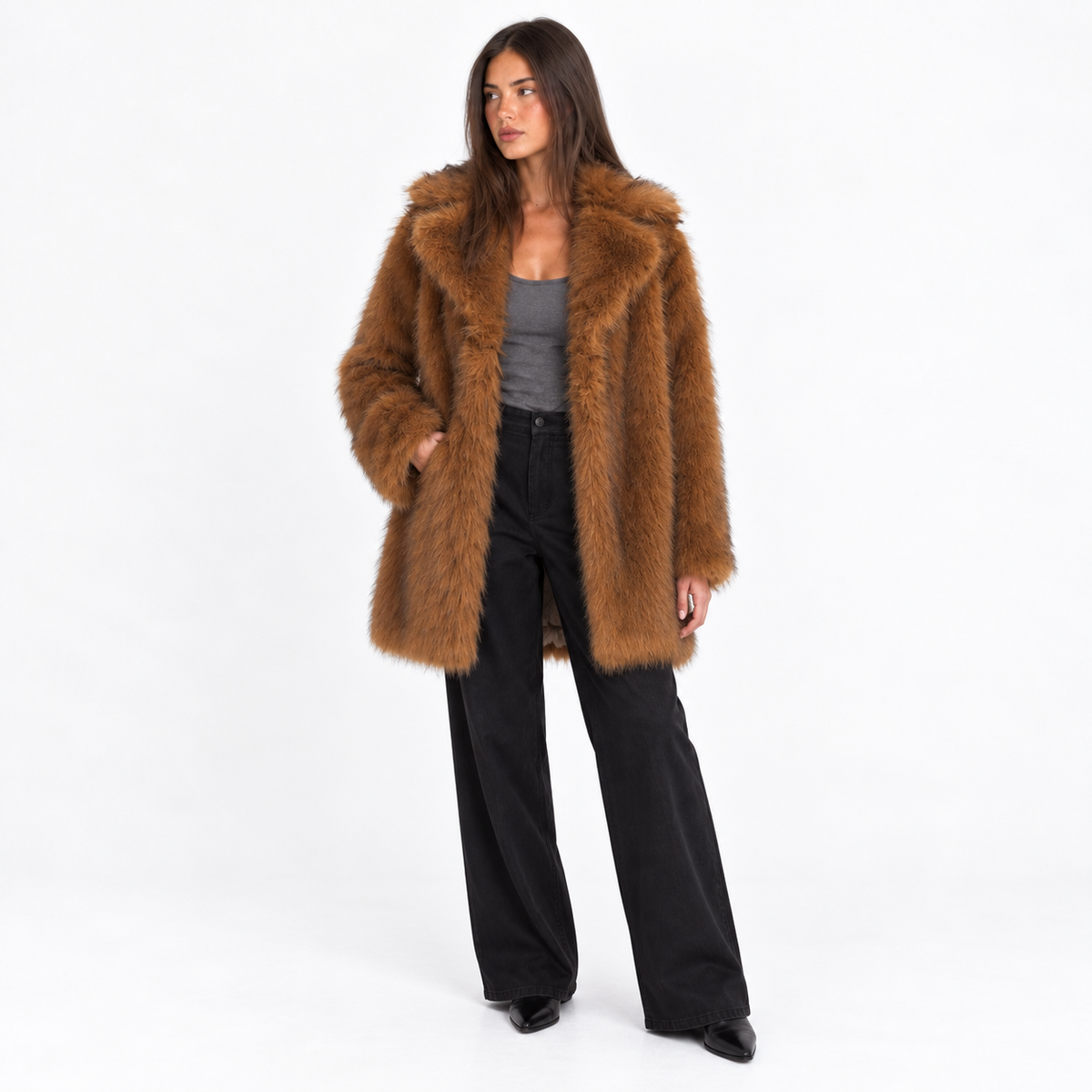 Womens Faux Fur Mid-Length Coat with Extended Collar — caramel extended lapel front
