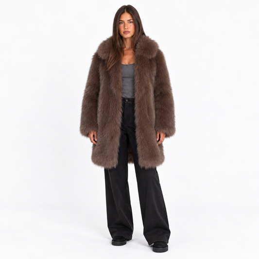 Womens Faux Fur Mid-Length Coat with Extended Collar — coffee brown extended lapel front
