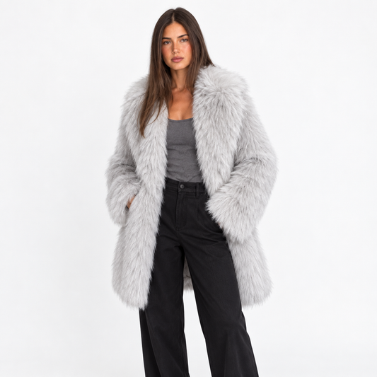 Womens Faux Fur Mid-Length Coat with Extended Collar — light gray extended lapel front