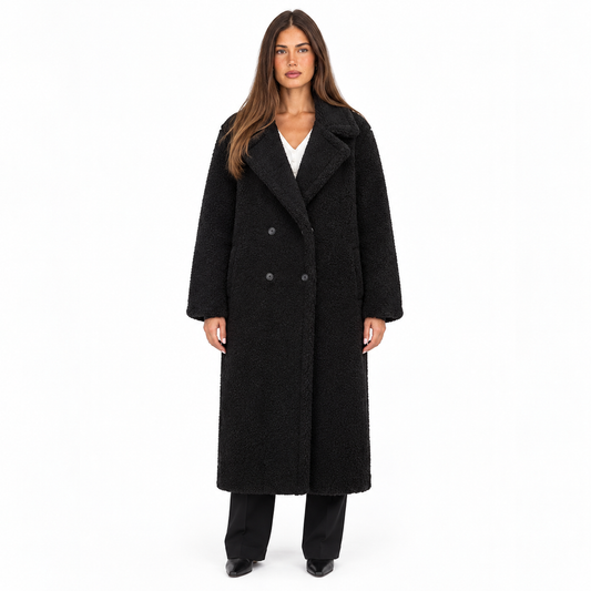 Women's Long Wool Lapel Coat — black front