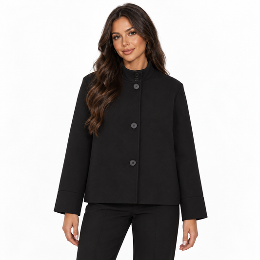 Womens Stand Collar Button Woolen Jacket — black front
