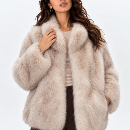 Womens Mid-Length Imitation Fur Coat — smudged beige detail