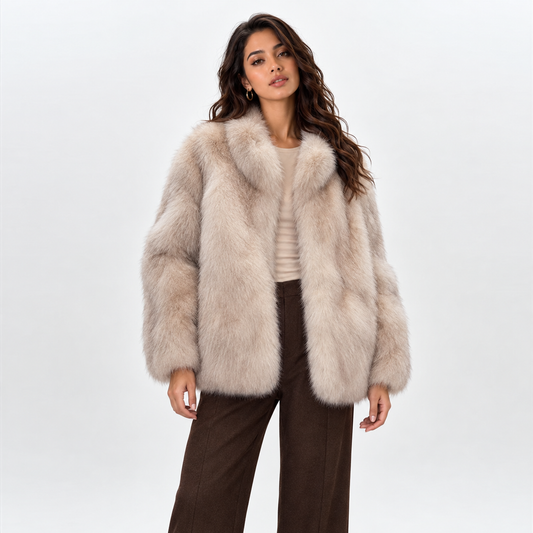Womens Mid-Length Imitation Fur Coat — smudged beige front