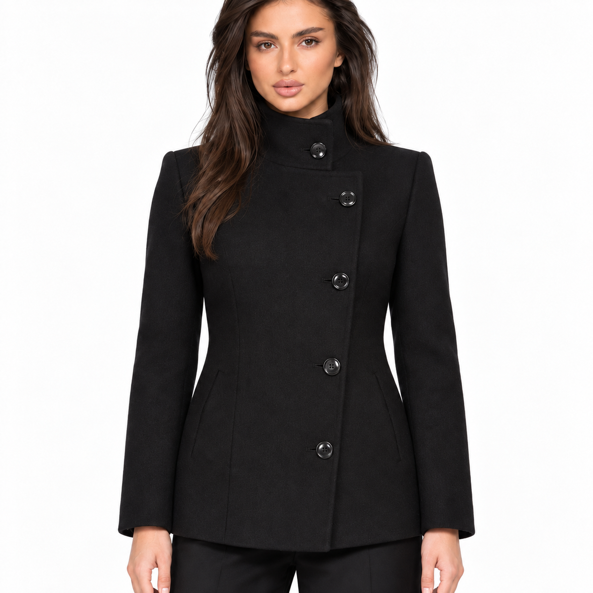 Womens Quilted Wool Coat — black detail