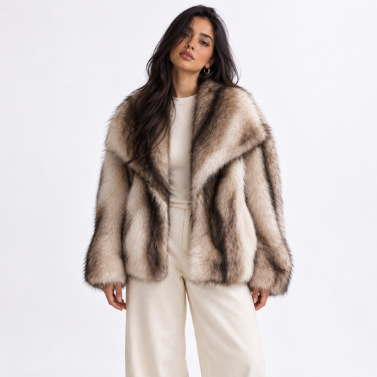 Faux Fur Coat with Gradient Design — cream white front