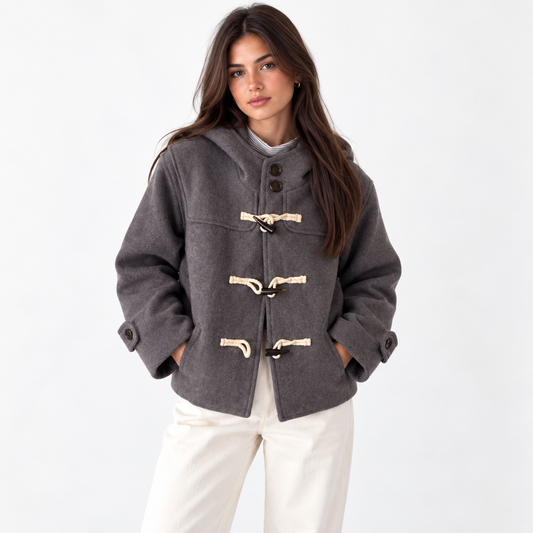 Vintage Duffle Button Hooded Wool Coat — gray front