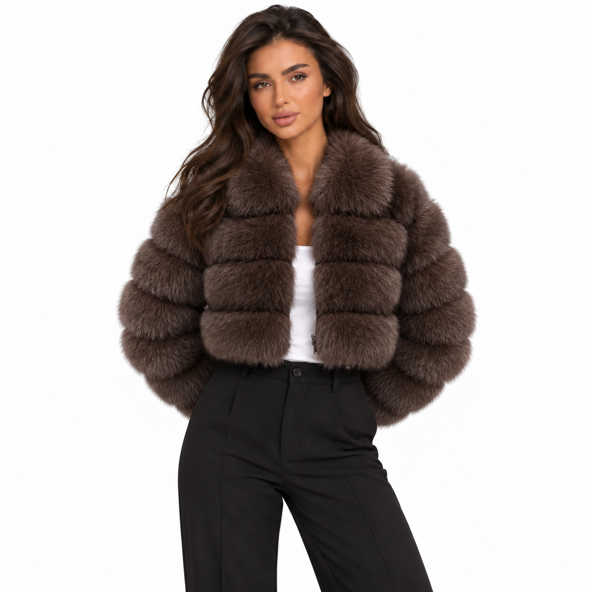 Women Imitation Fur Coat with Lapel Collar — coffee front