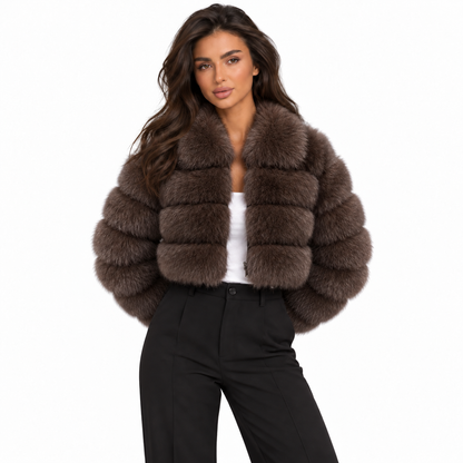 Women Imitation Fur Coat with Lapel Collar — coffee front
