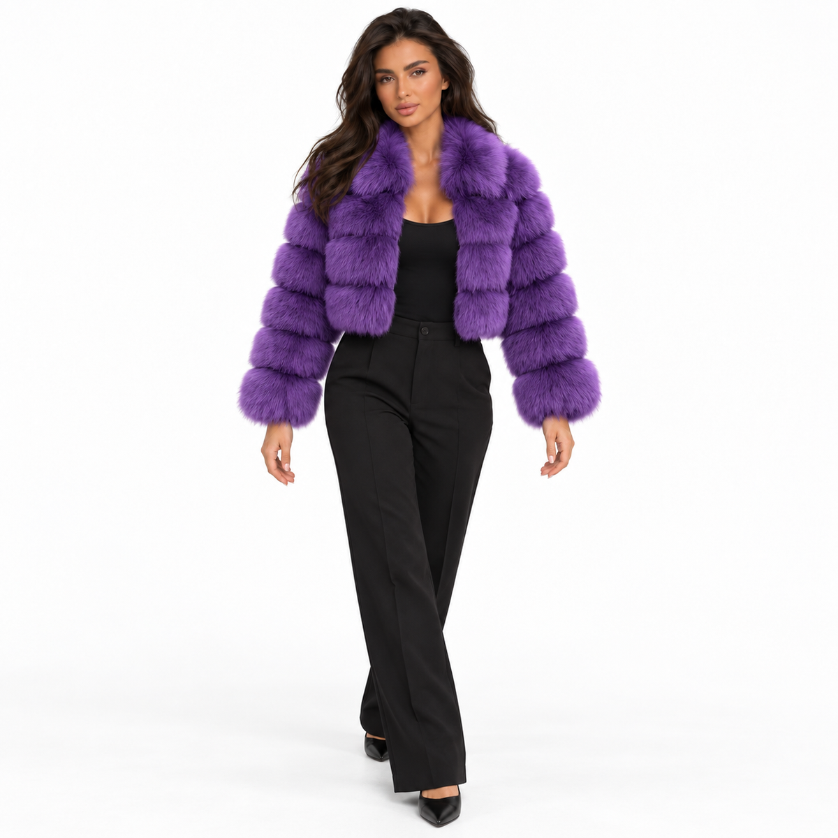 Women Imitation Fur Coat with Lapel Collar — purple front