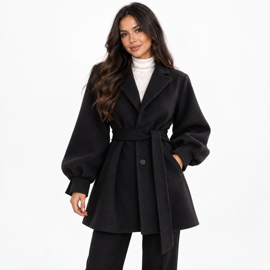 Women's mid-length wool coat — black front
