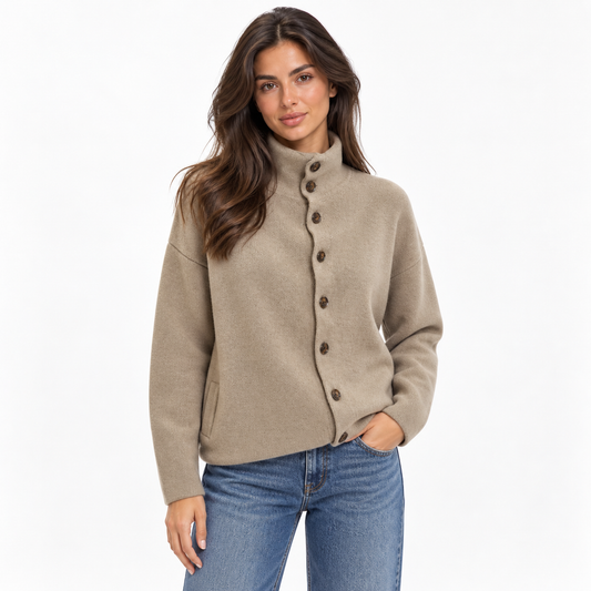 Stand-Up Collar Long-Sleeved Knitted Cardigan — khaki front