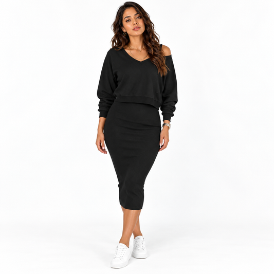 Women's Vest Dress Knit Sweater Two-Piece Set — black front