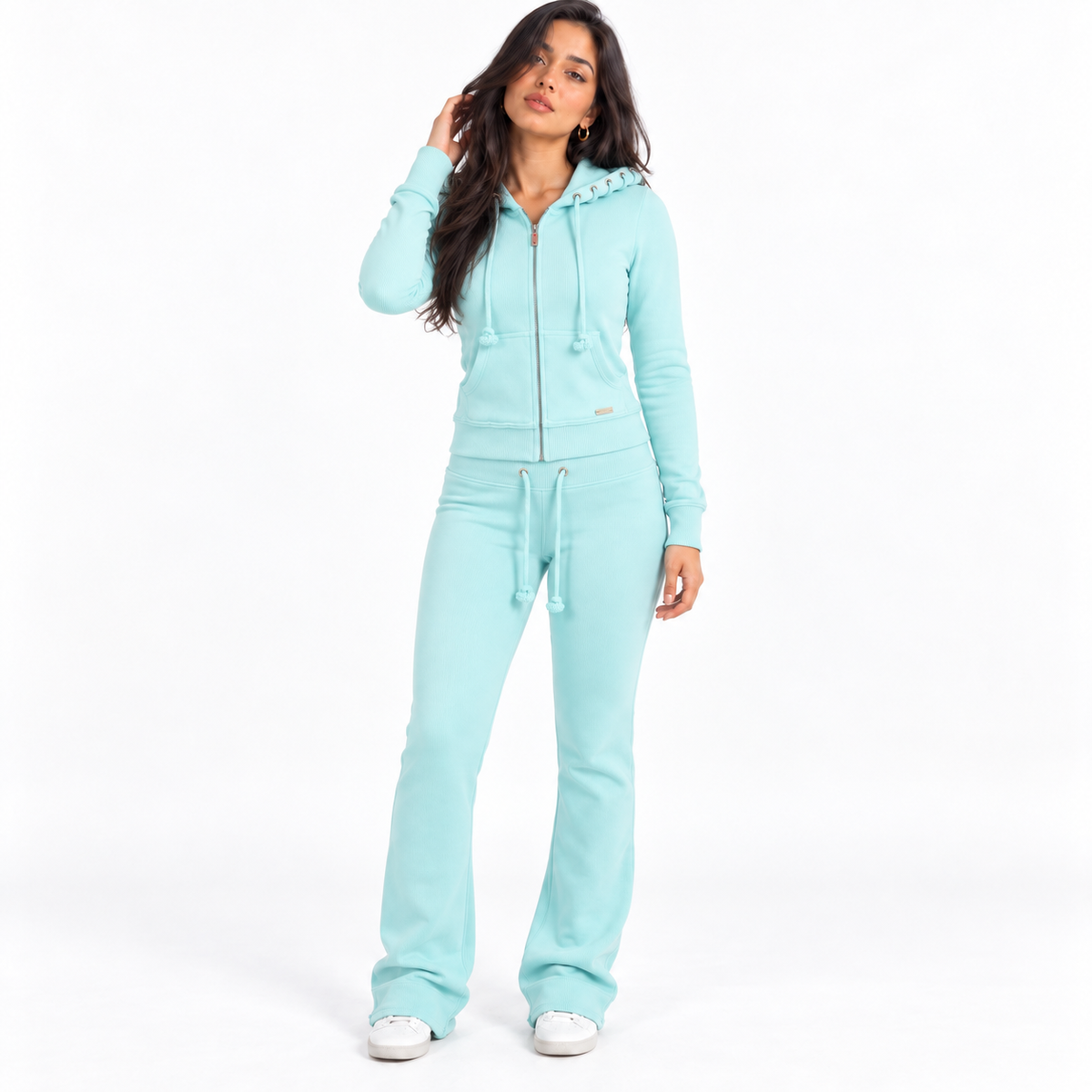 Fashion Color-Block Knit Sweatshirt and Long Pants Set — light blue front