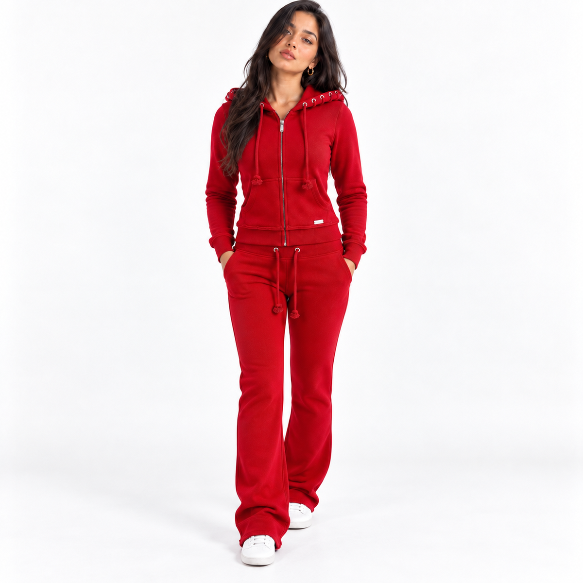 Fashion Color-Block Knit Sweatshirt and Long Pants Set — red front