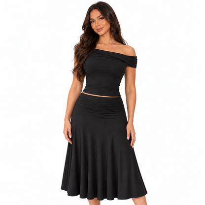 Off-Shoulder Slim Fit Dress Set with Built-in Padding — black detail
