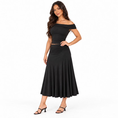Off-Shoulder Slim Fit Dress Set with Built-in Padding — black three quarter