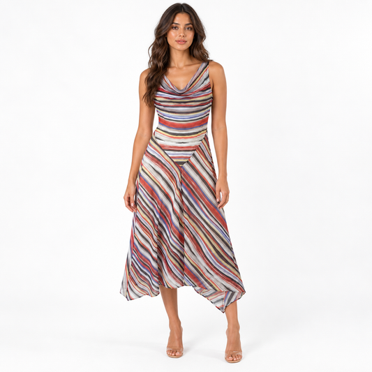 Retro Striped Spaghetti Strap Midi Dress — stripes front