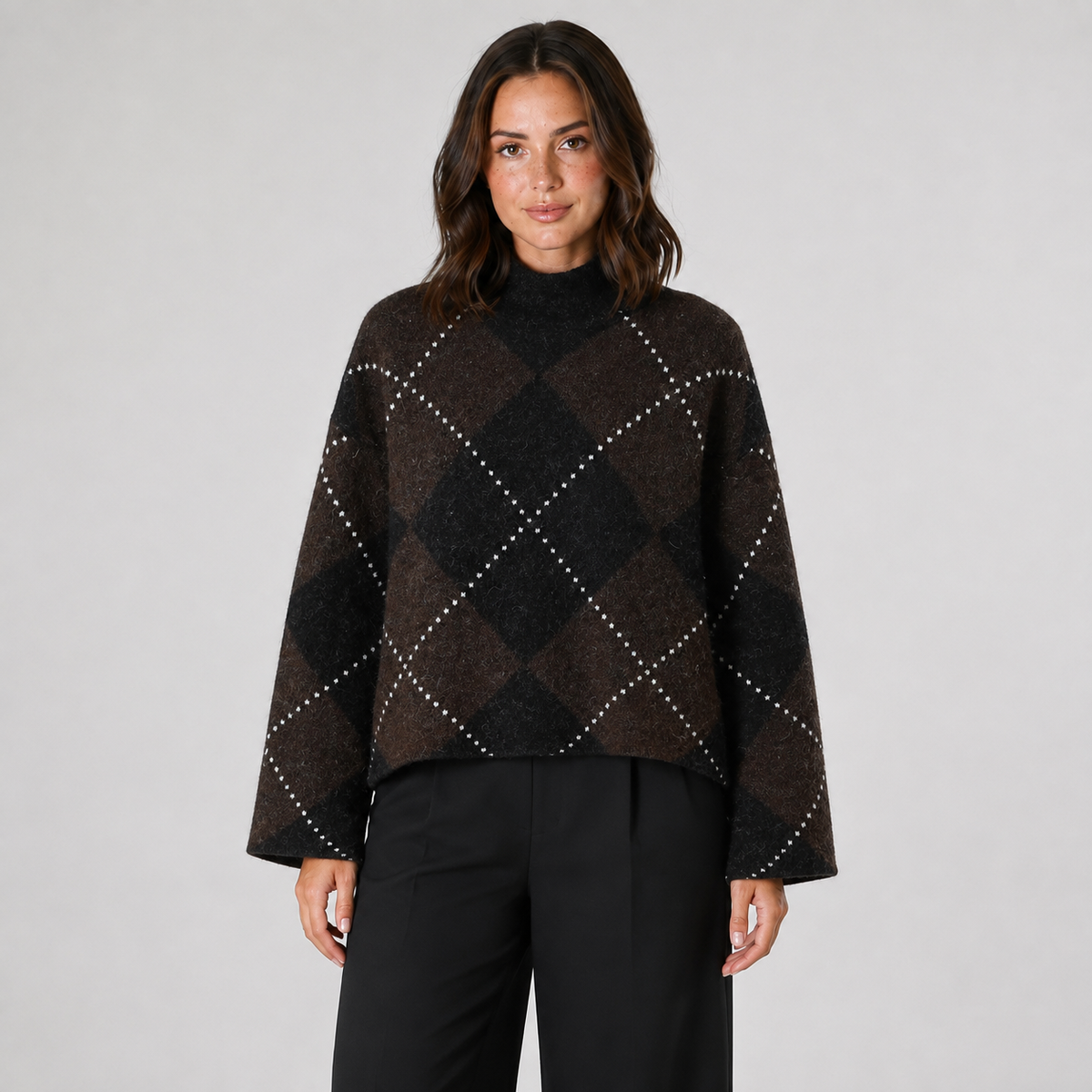 Brown and black argyle top front view
