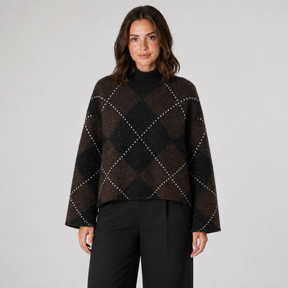 Brown and black argyle top front view