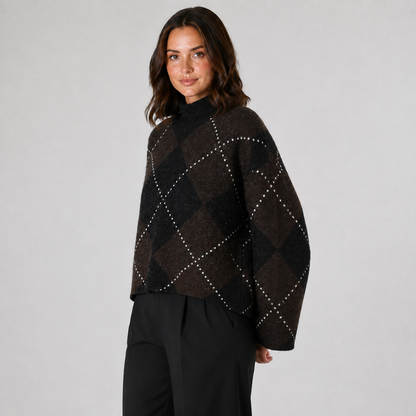 Brown and black argyle top three quarter view