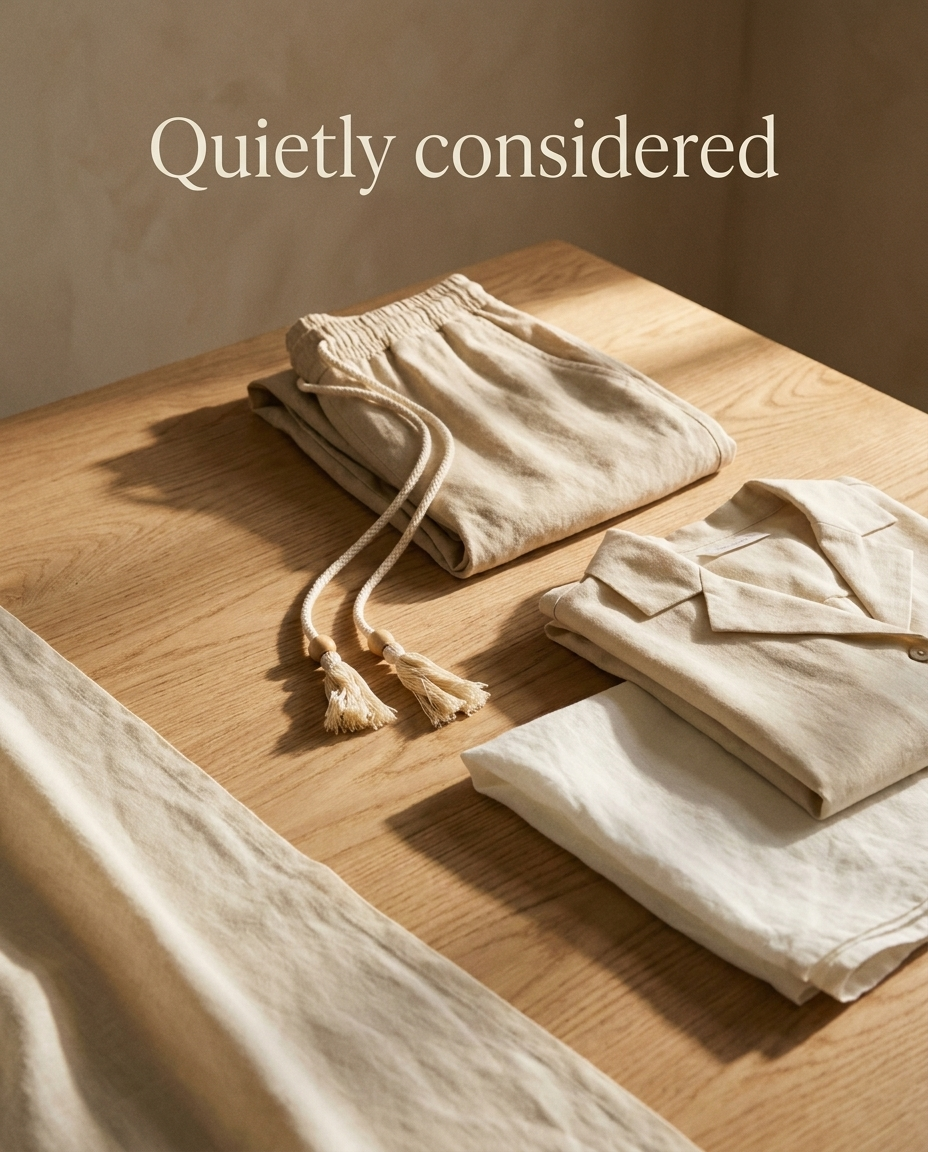 Maeve & Co — folded cotton-linen essentials with signature cream-cord and wooden-bead drawstring detail, soft warm light on pale oak