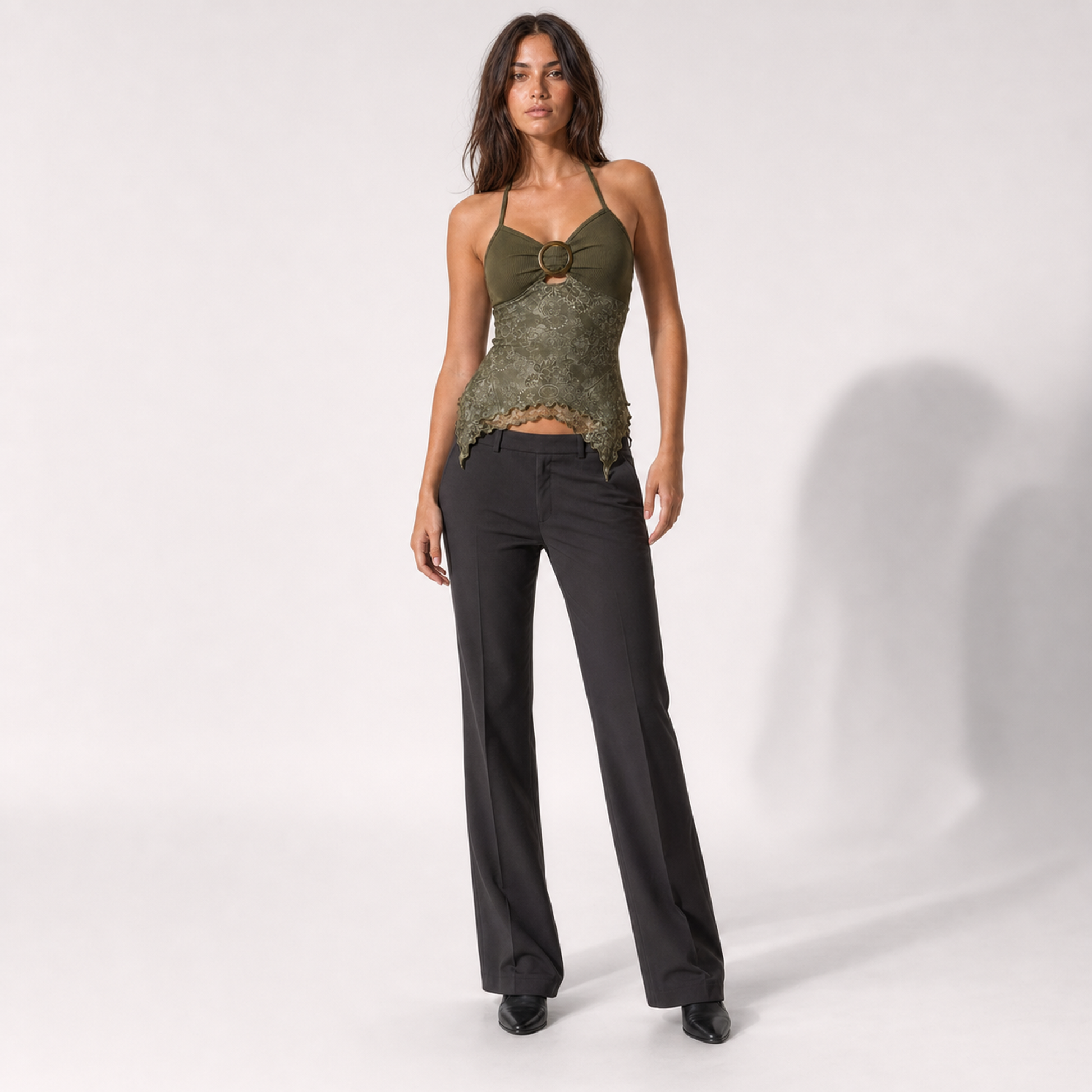 Retro printed irregularly hemmed halter vest – Green – full model