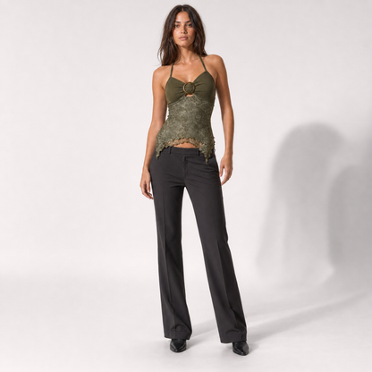 Retro printed irregularly hemmed halter vest – Green – full model