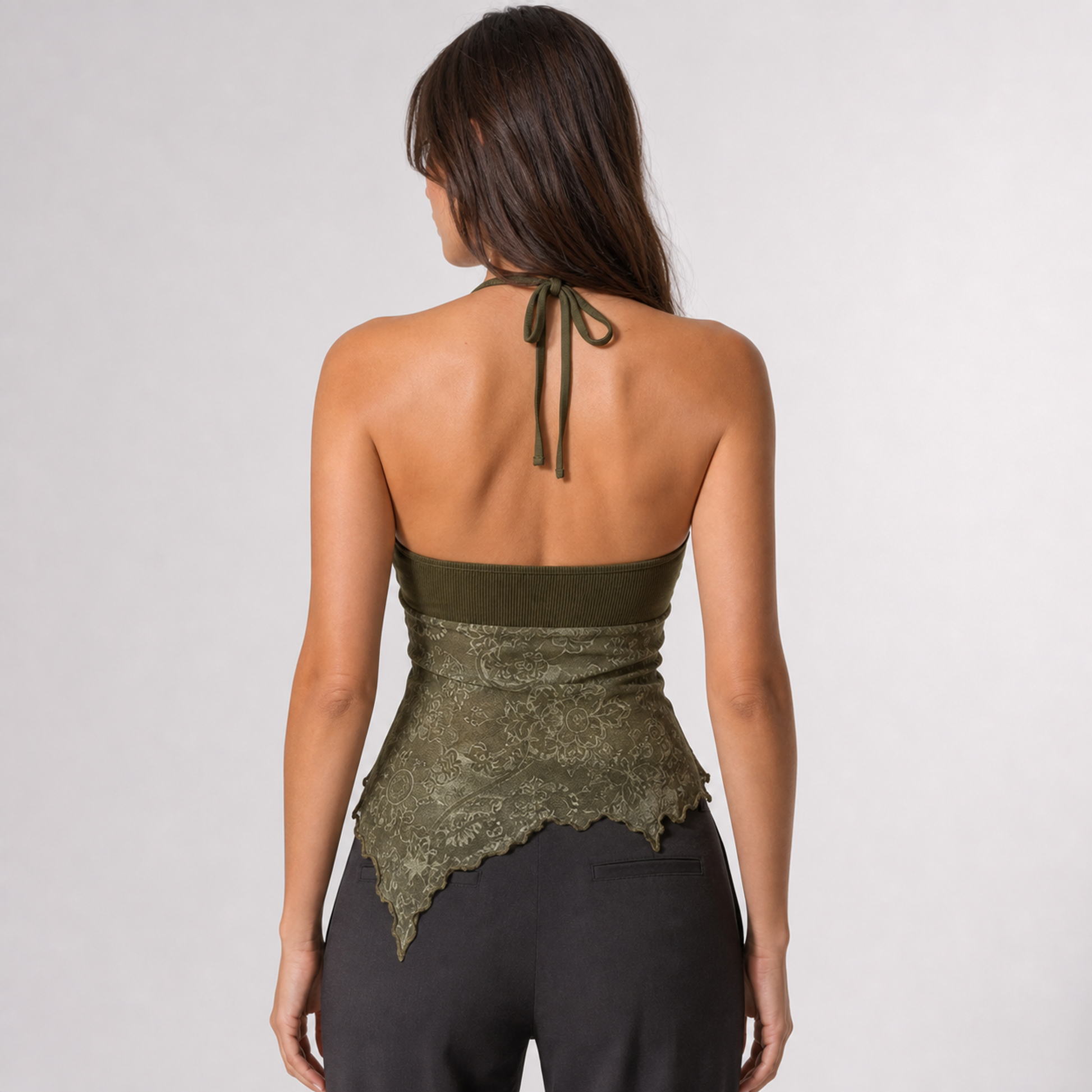 Retro printed irregularly hemmed halter vest – Green – back