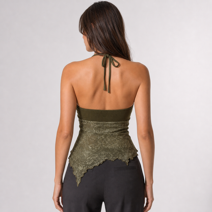 Retro printed irregularly hemmed halter vest – Green – back