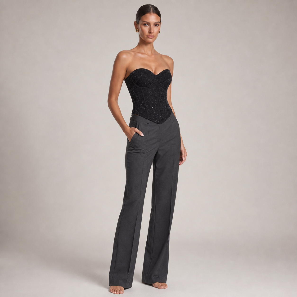 Sequin Strapless Tube Top – Black – three quarter