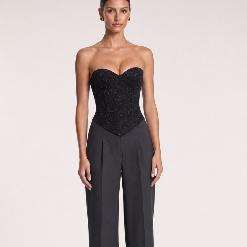 Sequin Strapless Tube Top – Black – construction emphasis crop