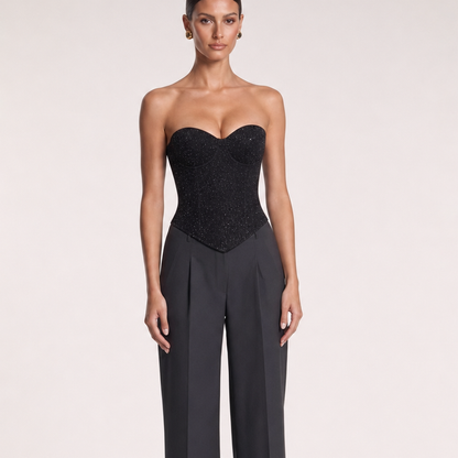 Sequin Strapless Tube Top – Black – construction emphasis crop