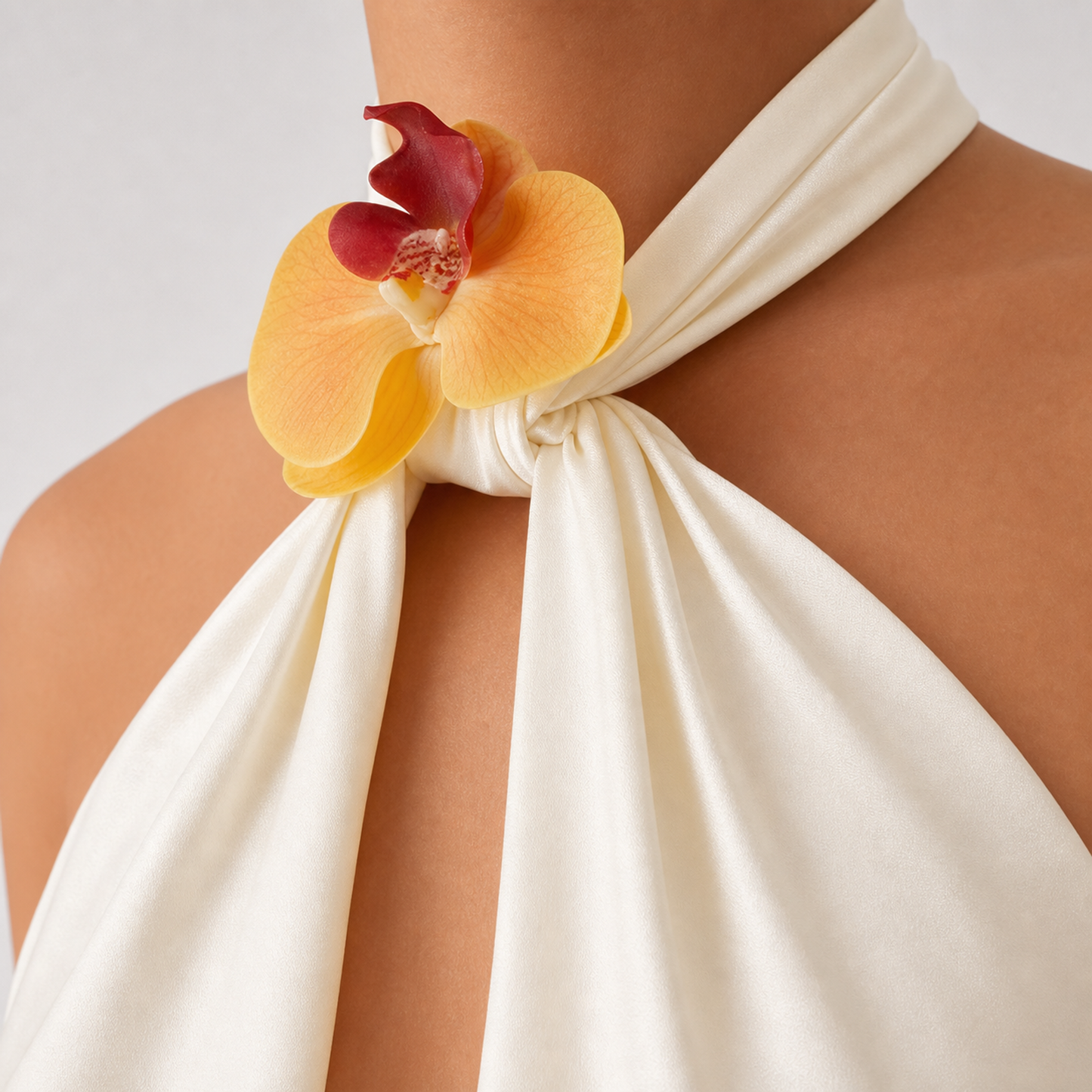 Women's Floral Halter Neck Crop Top – White flowers – macro detail